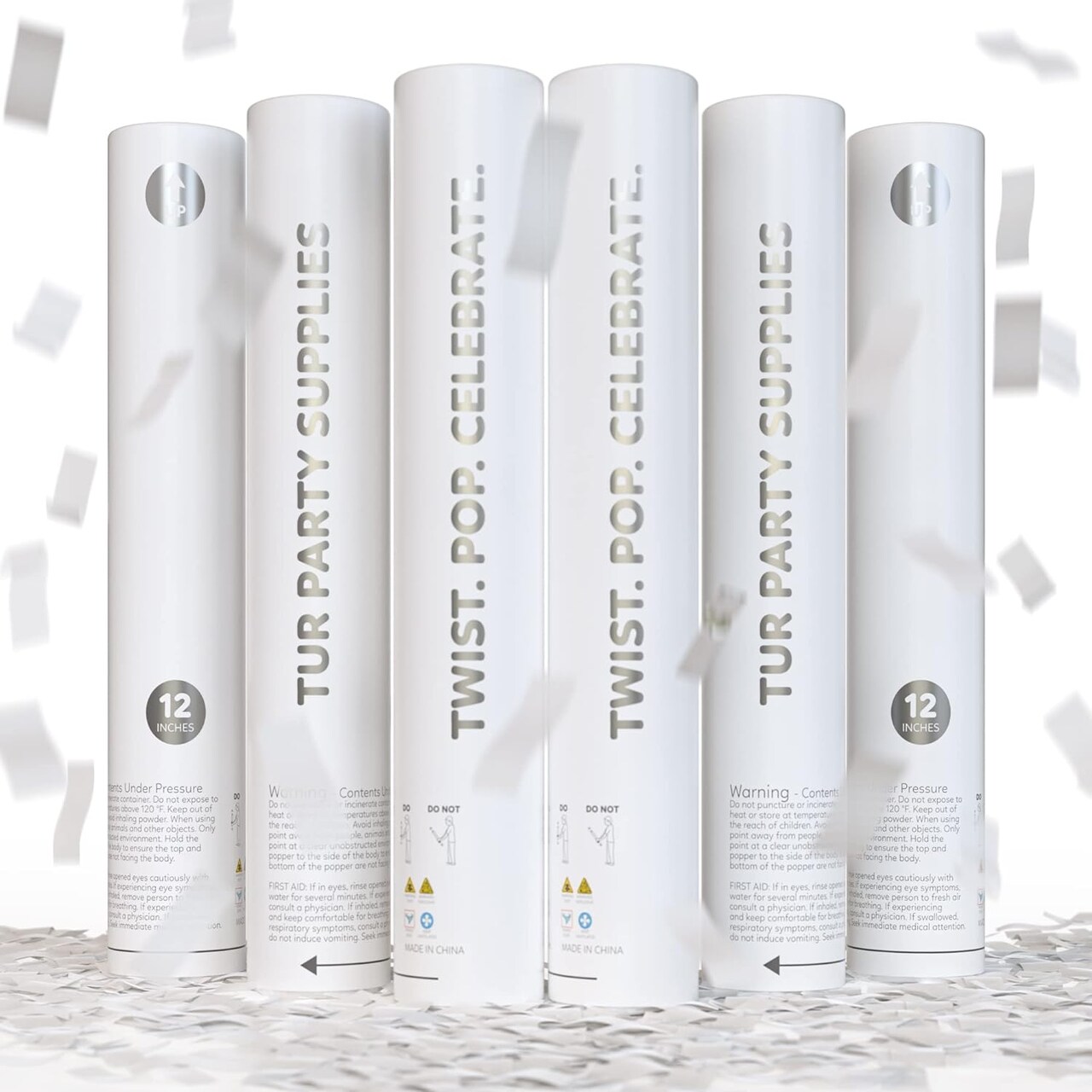 6 Pack White Wedding Confetti Cannon Confetti Poppers | Biodegradable | Launches Up to 25ft | Giant (12 in) | Party Poppers for Weddings, Bachelorette Parties, Birthdays Celebrations